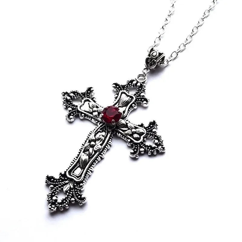 Large Detailed Cross Black Drill Jewel Necklace Silver Color Tone Pendant Goth Punk Jewellery Fashion Charm Statement Women Gift - AMULET RING STORE