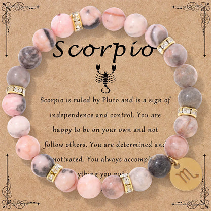 MHS.SUN 12 Star Zodiac Sign Pink Zebra Stone Beaded Bracelets Constellation Fashion Birthday Party Jewelry For Women Men