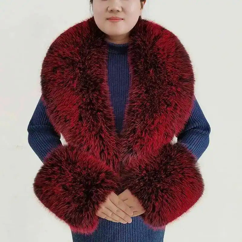 Large Winter Faux Fox Fur Scarf Women Jackets Warm Fluffy Shawl Fashion Artificial Fur Collar And Cuff Set Fluffy Scarves Female