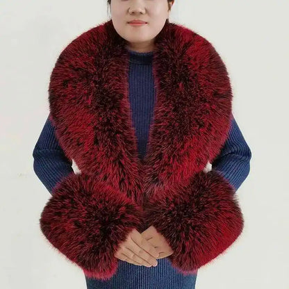 Large Winter Faux Fox Fur Scarf Women Jackets Warm Fluffy Shawl Fashion Artificial Fur Collar And Cuff Set Fluffy Scarves Female
