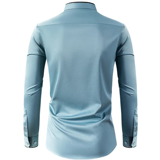 4XL Stand Up Collar Long Sleeve Shirt for Men Social Camisa Anti-wrinkle Pockets with Diamond Button Down White Shirt Black Blue