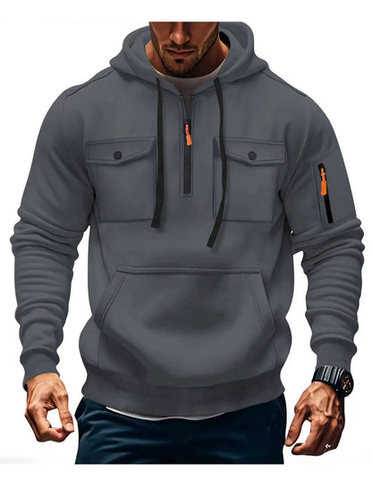 New autumn and winter men's hooded sweatshirt with multiple pockets, long sleeved hooded wool top, men's casual sports jacket