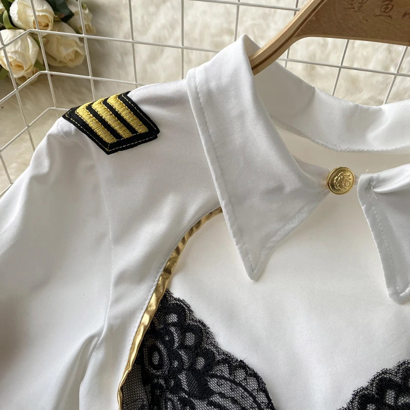 Women Sexy Hollow Skirts Suits Lace Patchwork Turn-down Collar Tops Mini Skirt Underpants 3 Pieces Erotic Pajamas Sets Cosplay - AMULET RING STORE