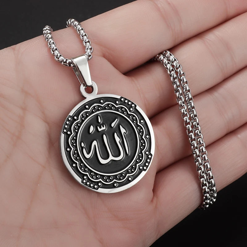 Allah Necklace for Men Stainless Steel Gold Color Round Pendant Necklace