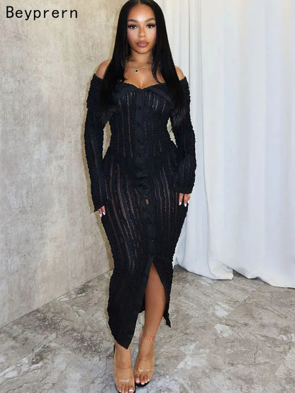 Beyprern Women's Chic Pleated Midi Dress Off Shoulder See-Through Fitted Ruched Party Dress Night Club Outfits Clubwear - AMULET RING STORE