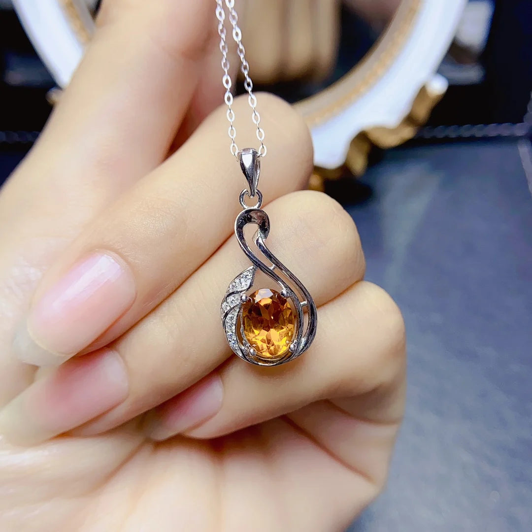 FS S925 Sterling Silver 7*9mm Natural Citrine Pendant Necklace With Certificate Fine Charm Weddings Jewelry for Women MeiBaPJ