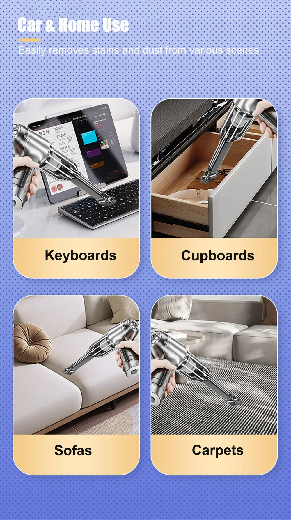 95000PA Car Vacuum Cleaner Wireless Strong Suction Vacuum Cleaner Portable Handheld Vacuum Cleaner Blower 2in1 for Car Home - AMULET RING STORE