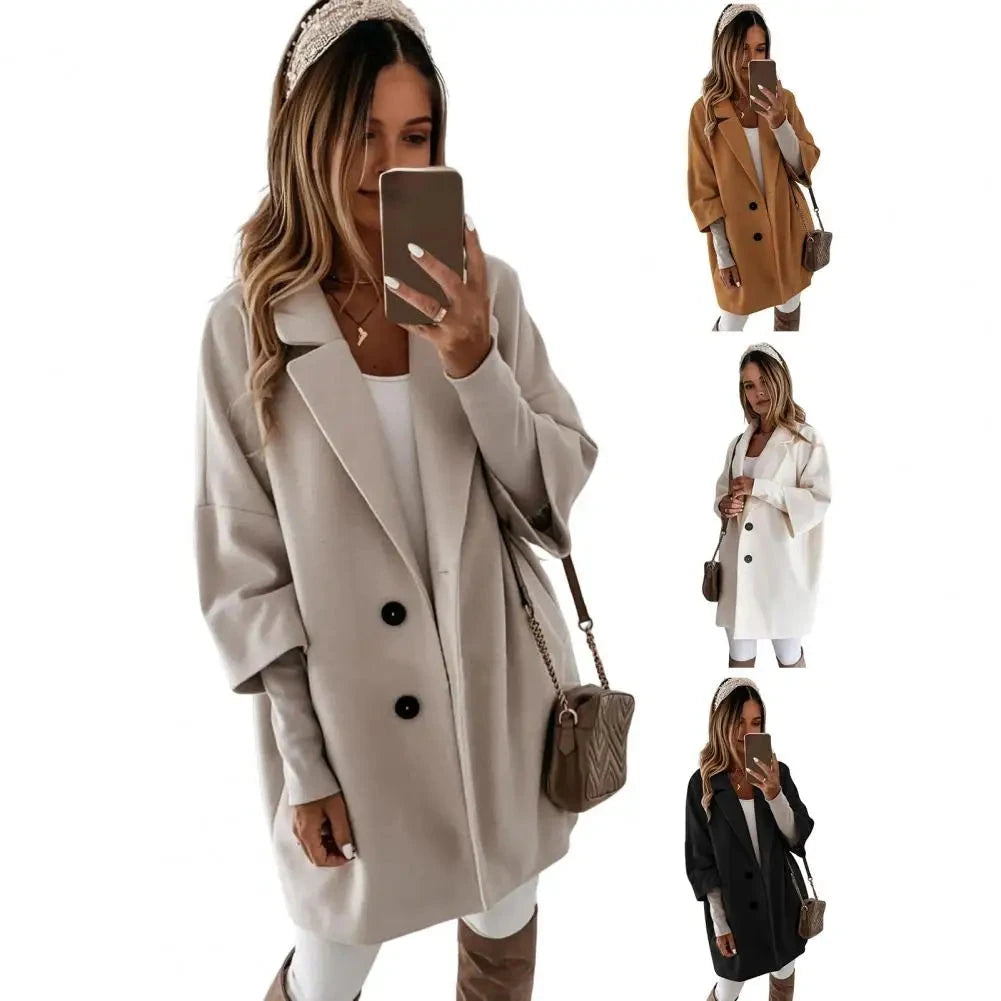 Fall Winter Women's Jacket 3/4 Long Sleeve Button Lapel Pocket Woolen Warm Jacket Coat Solid Color Thermal Fitted Cardigan Coat - AMULET RING STORE