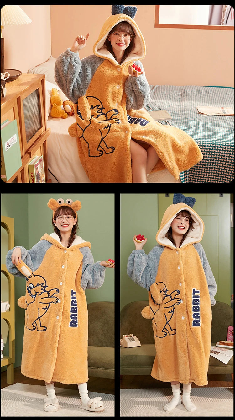 2024 Winter Pajamas For Women Cartoon Hooded Long Robe Strawberry Jacket Cute Home Wear Sleepwear Kawaii Flannel Warm Bathrobe - AMULET RING STORE
