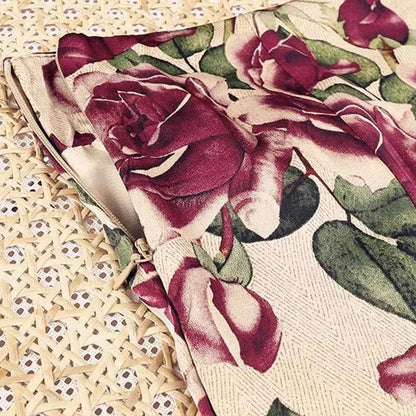 Rose Floral Print Vintage Elegant Chic A-line High Waist Trumpet Women's Skirt Mid-Calf Long Skirts For Women Clothing Fashion