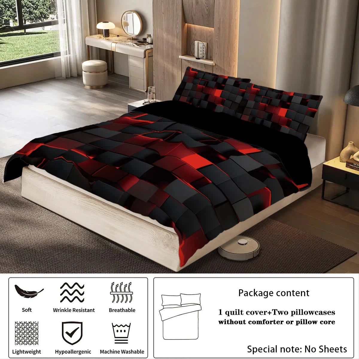 3pcs Duvet Cover Set, Red Transparent Grid Visual Effects Print, Soft, Comfortable and Breathable, Bedding Set for Bedroom,Hotel - AMULET RING STORE