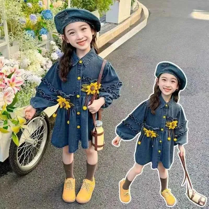 2025 New Arrival Girls' Little Korean Stylish Denim Long Sleeve Dress for 4-12 Years Old Kids Spring/Autumn