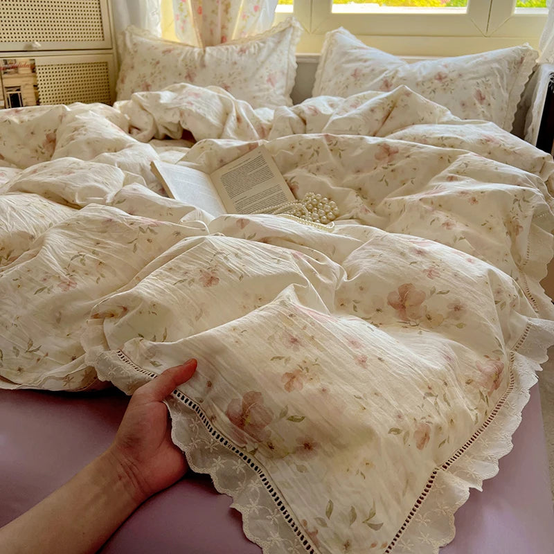 Washed Cotton Duvet Cover Sets Single/Queen/king Flower Printed Bedding Set Princess Style e housse de couette 220x240 with Lace - AMULET RING STORE