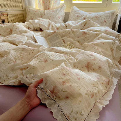Washed Cotton Duvet Cover Sets Single/Queen/king Flower Printed Bedding Set Princess Style e housse de couette 220x240 with Lace - AMULET RING STORE