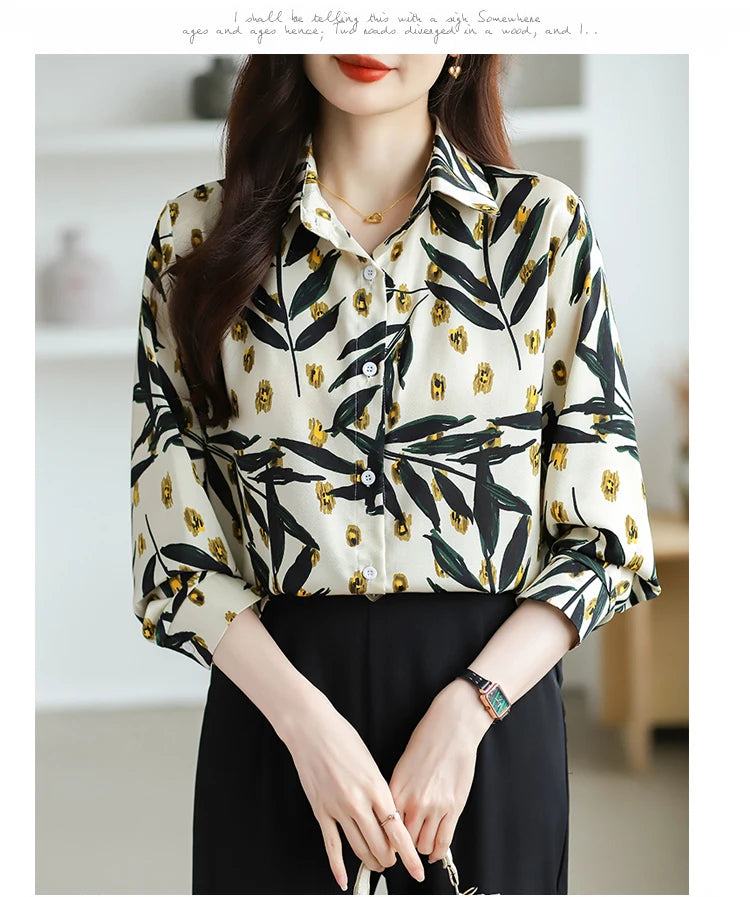 2025 Spring Autumn New Office Lady Blouse Fashion Floral Printed Shirt Turndown Collar Med-Length Long Sleeve Women Tops