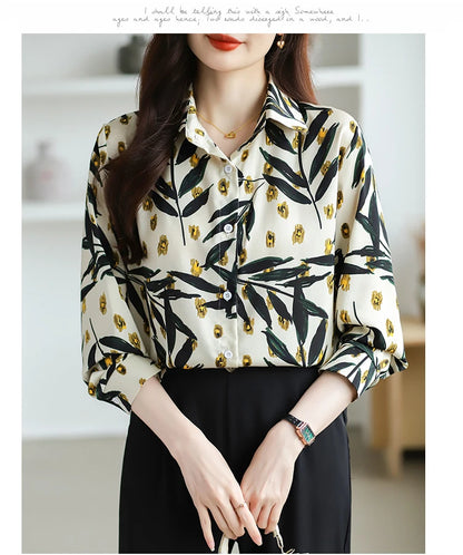 2025 Spring Autumn New Office Lady Blouse Fashion Floral Printed Shirt Turndown Collar Med-Length Long Sleeve Women Tops
