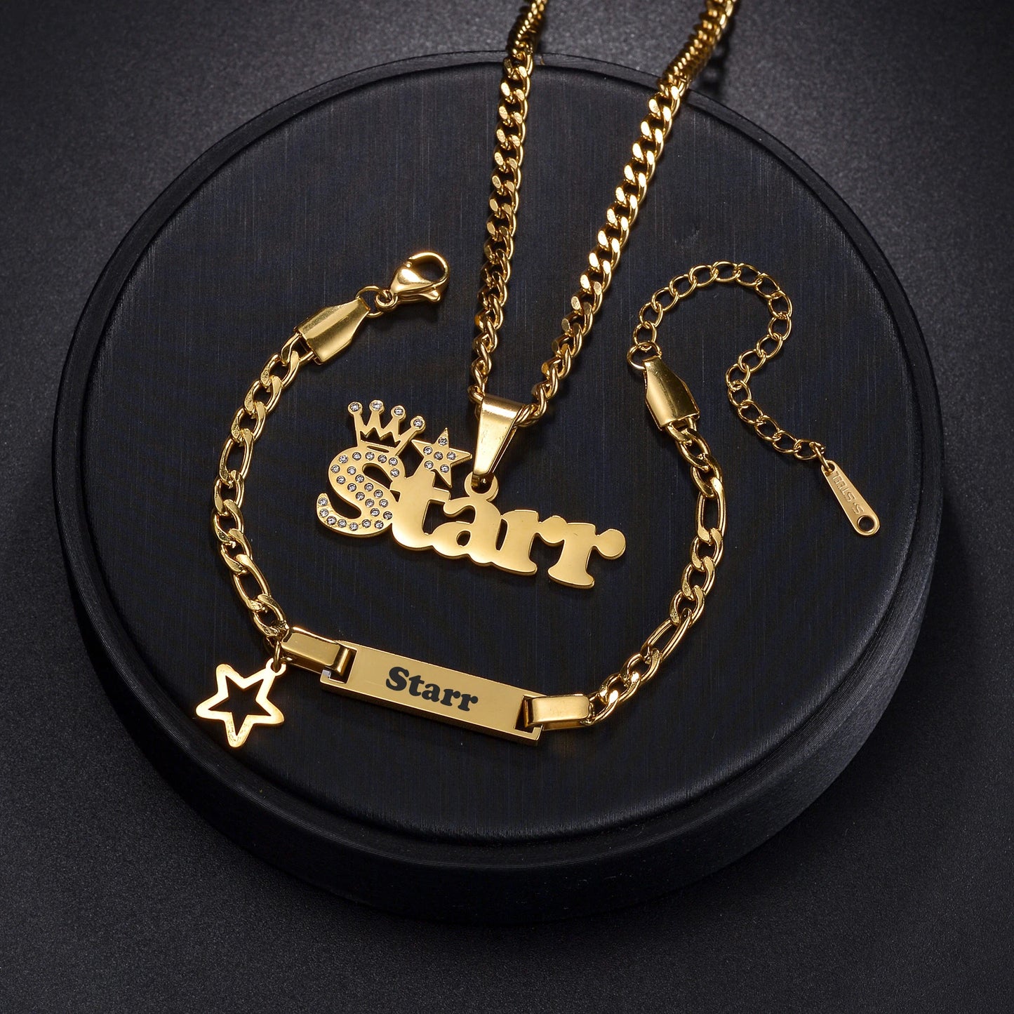 Custom Engrave Children's Name Bracelet 35cm Necklace Stainless Steel Jewelry Sets for Kids Baby Personlized Crown Birthday Gift