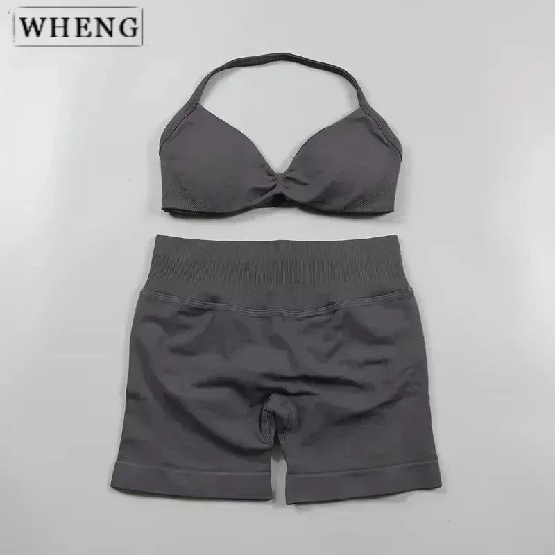 WHENG 2PCS Yoga Fitness Suit Women's Seamless Lace-Up Yoga Bra Top High Waist Workout Scratch Shorts Sports Suit Fitness Suit