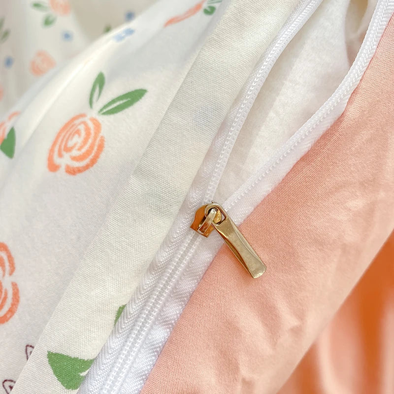 Korean Retro Floral Bedding Set 100% Washed Cotton Bed Sheets Set Soft Duvet Cover Bed Linen Pillowcase Single Double Queen King - AMULET RING STORE