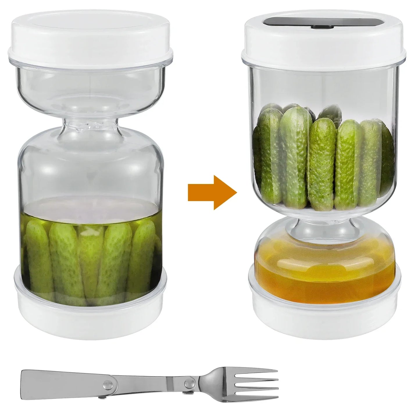 Pickle Container Wet and Dry Separation Pickle Olive Jar with Fork Leakproof Airtight Food Storage Upside Down Pickle Container - AMULET RING STORE