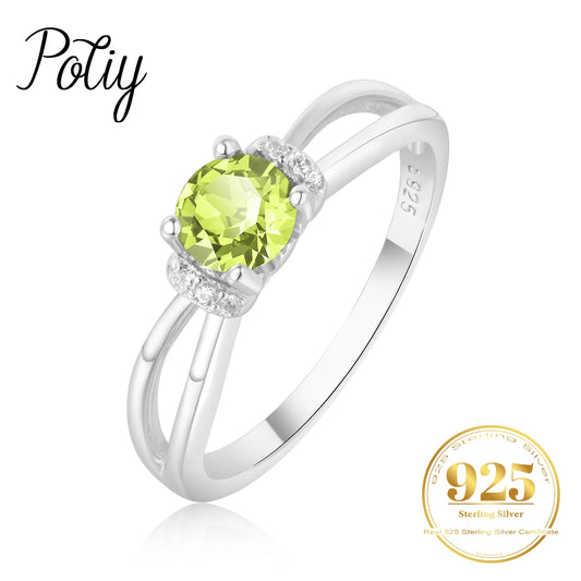Potiy Round Genuine Natural Peridot 925 Sterling Silver Solitaire Ring for Woman Gemstone elegant Jewelry Valentine's day gift