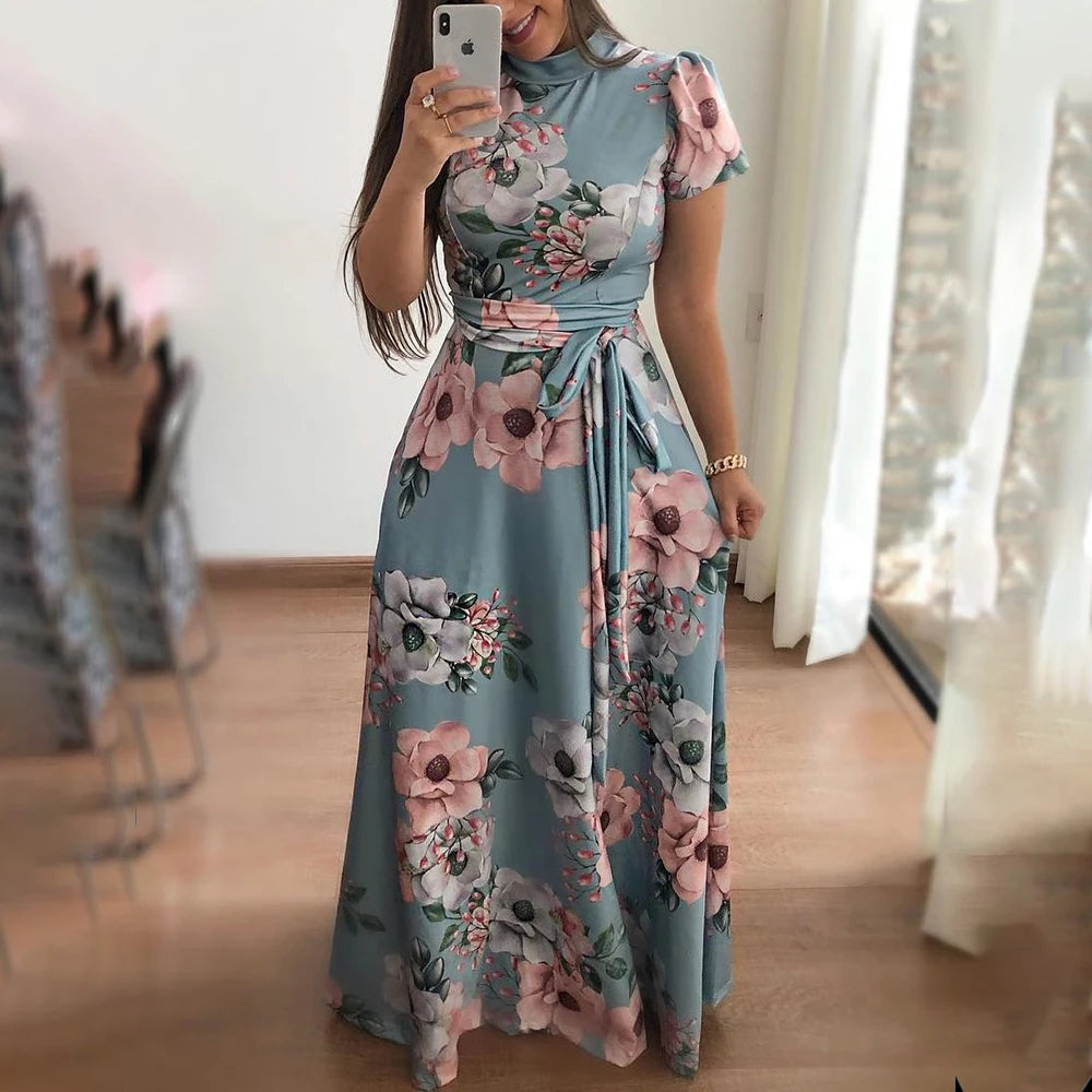 Women's Floral Print Summer Dress - 2025 New Boho A-Line Swing Dress with Short Sleeves, High Waist Flowy Maxi Dress for Beach & - AMULET RING STORE