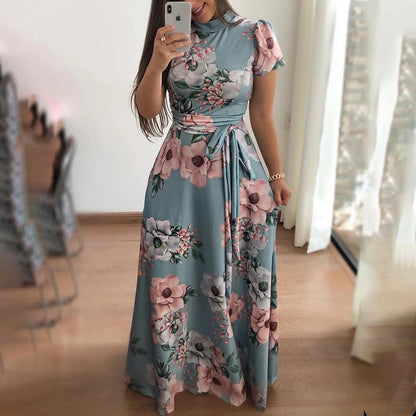 Women's Floral Print Summer Dress - 2025 New Boho A-Line Swing Dress with Short Sleeves, High Waist Flowy Maxi Dress for Beach & - AMULET RING STORE