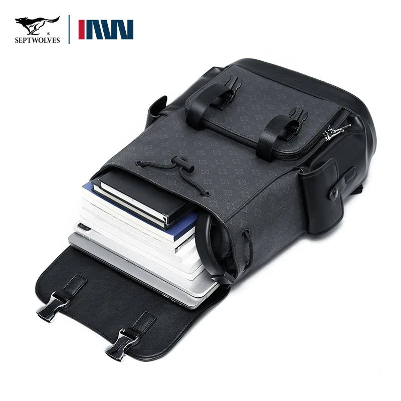 Septwolves Stylish Man Printed Leather Travel Backpack High Qualit Business Work Commuting Flip Print Monogram Laptop Backpack