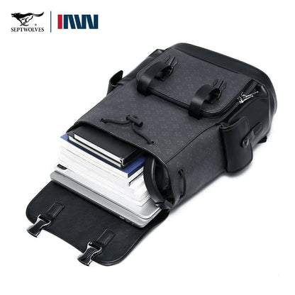 Septwolves Stylish Man Printed Leather Travel Backpack High Qualit Business Work Commuting Flip Print Monogram Laptop Backpack