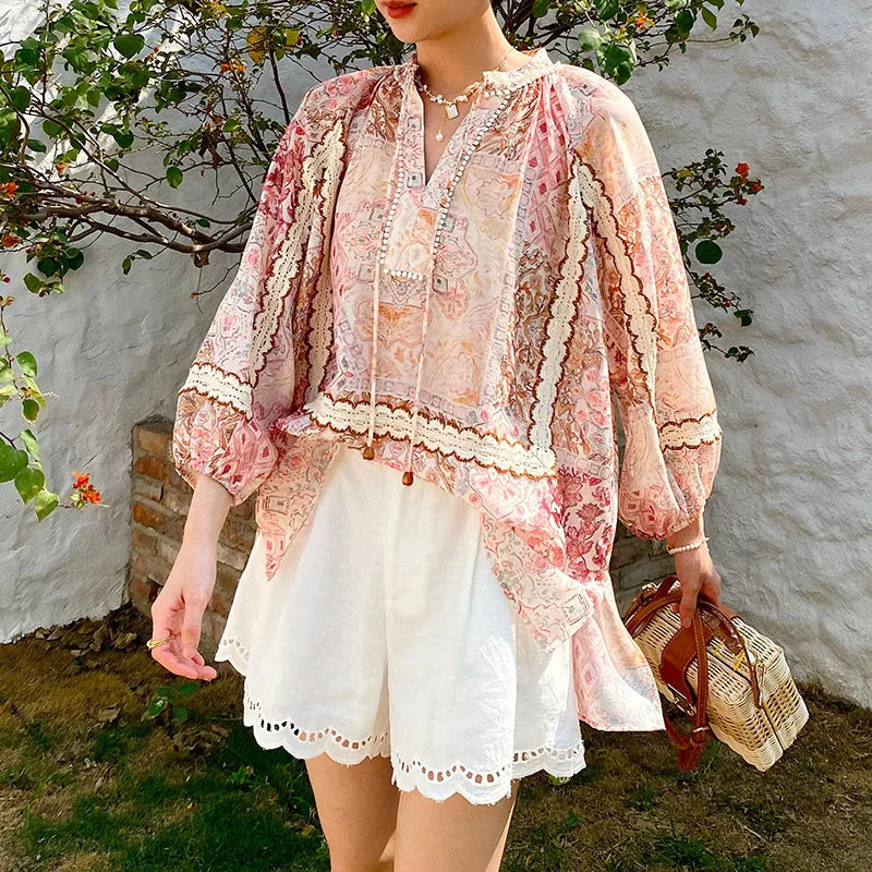 Boho Flrench Chic Floral Blouse Shirt Printed Summer Loose Lace Hollow Out Sexy Ladies Vocation Women Long Sleeve Top Shirts New