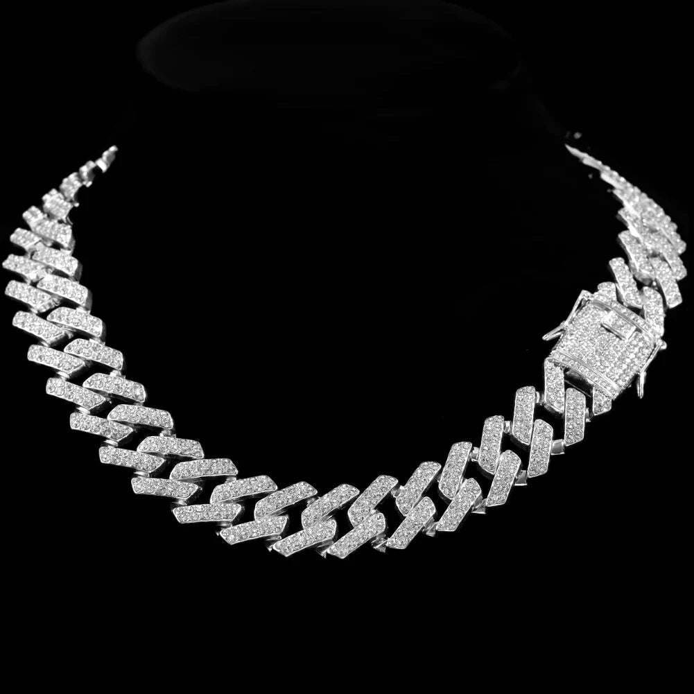 Iced Out Bling AAA Rhinestones Prong Cuban Link Chain Men's Necklace 2 Row Crystal Curb Cuban Chain Hip Hop Jewelry 13/14/20MM - AMULET RING STORE
