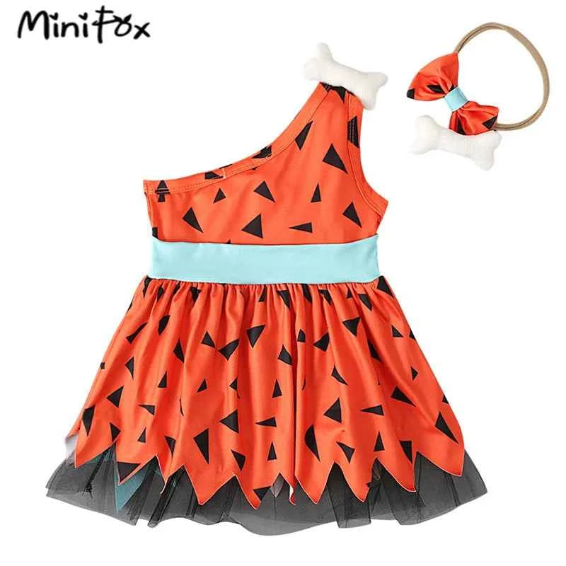 MiniFox Halloween Caveman Dress For Girls Clothes Off Shoulder Baby Dresses Historical Stone Age Party Girl Halloween Costume