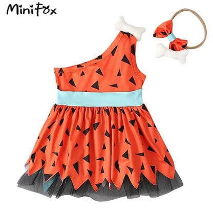 MiniFox Halloween Caveman Dress For Girls Clothes Off Shoulder Baby Dresses Historical Stone Age Party Girl Halloween Costume