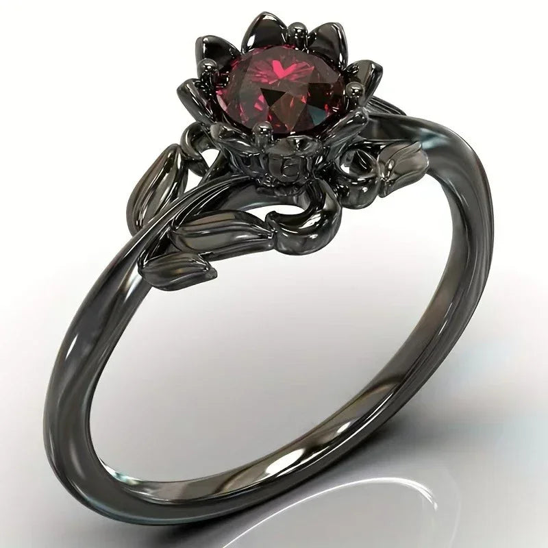 Black Color Flower Red Stone Rings for Women Charm Jewelry Accessories Rose Ring Party Gift
