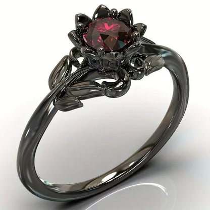 Black Color Flower Red Stone Rings for Women Charm Jewelry Accessories Rose Ring Party Gift