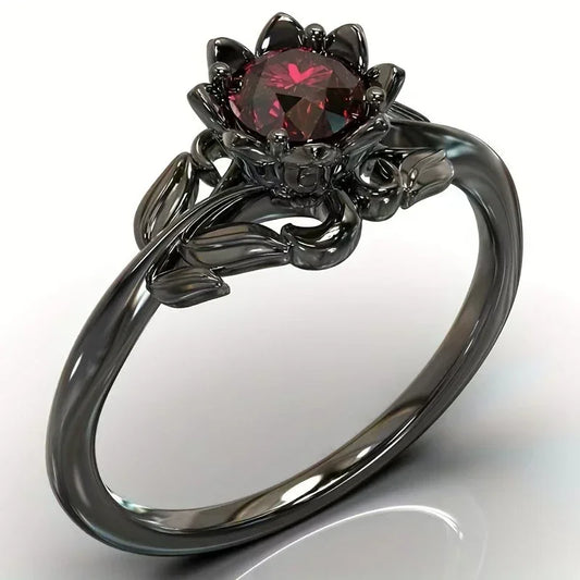 Black Color Flower Red Stone Rings for Women Charm Jewelry Accessories Rose Ring Party Gift