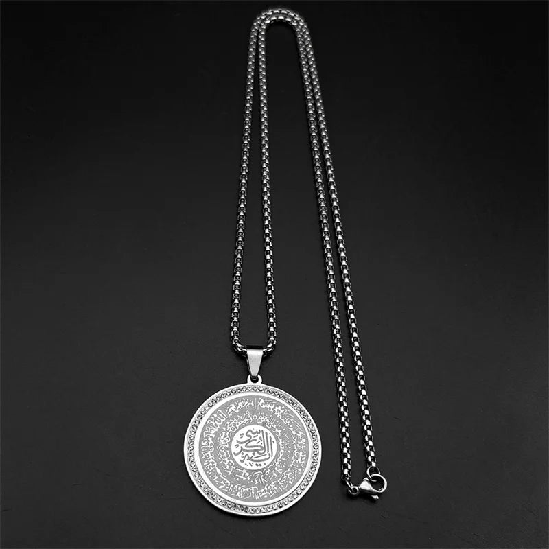 Stainless Steel Muslim Islam Quran Allah Crystals Chain Necklaces for Women Men Gold Color Round Pendants Necklaces Jewelry Gift