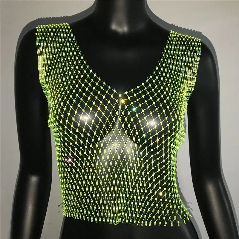 Women's Fishnet Rhinestone Crop Top 2024 Summer Sexy Mesh High Elastic Black White Shirt Net See Through Rave Diamond Tank Top - AMULET RING STORE