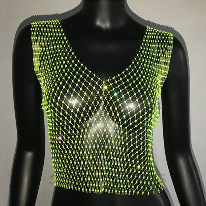 Women's Fishnet Rhinestone Crop Top 2024 Summer Sexy Mesh High Elastic Black White Shirt Net See Through Rave Diamond Tank Top - AMULET RING STORE