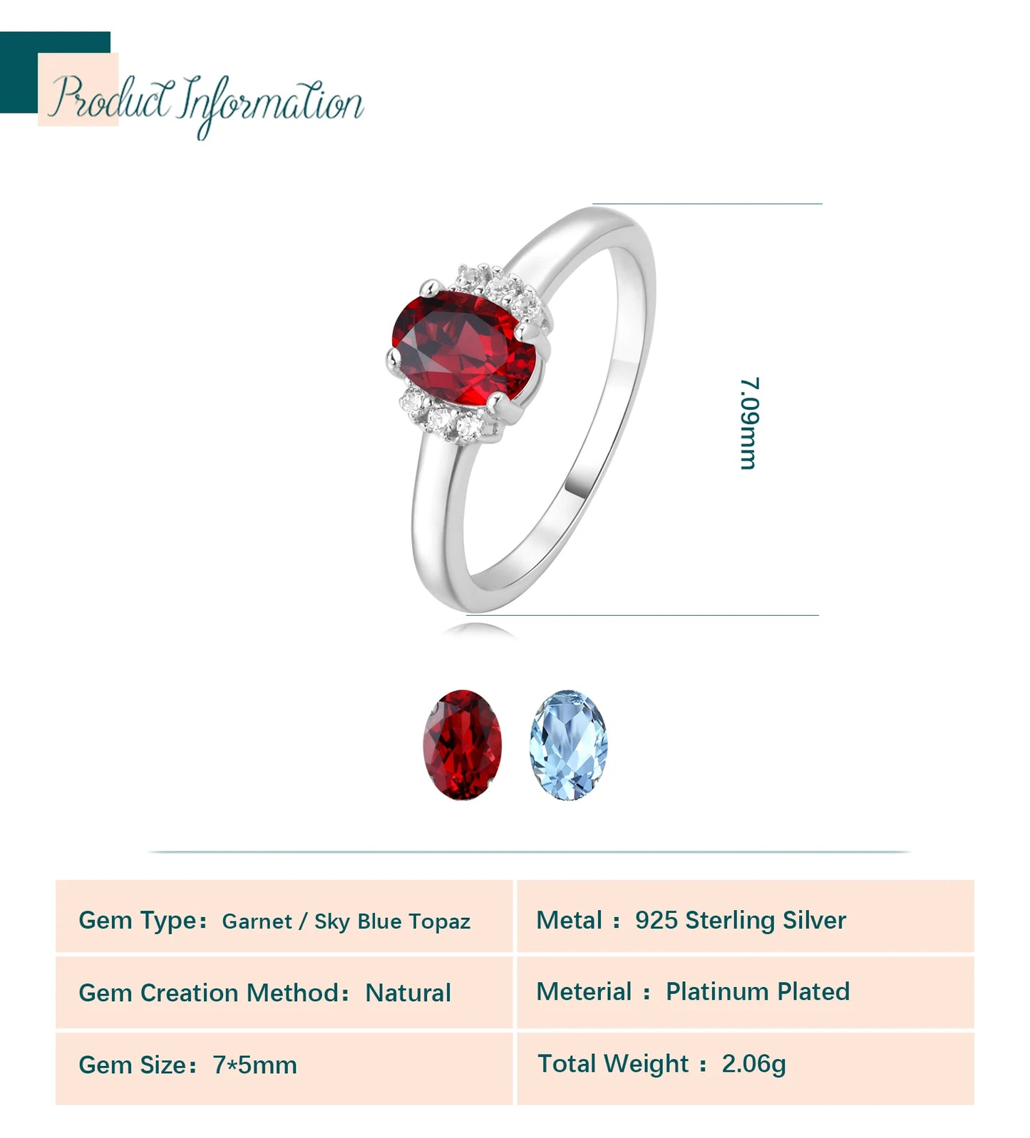 Potiy Natural Oval Shape Sky Blue Topaz Garnet Ring 925 Sterling Silver for Women Daily Wedding Party Jewelry