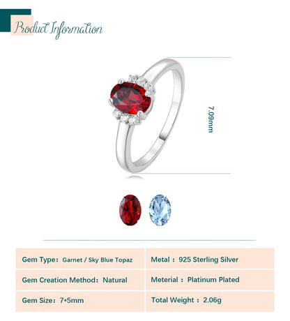 Potiy Natural Oval Shape Sky Blue Topaz Garnet Ring 925 Sterling Silver for Women Daily Wedding Party Jewelry
