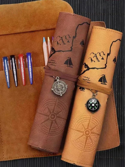 Vintage Treasure Map Pencil Case, Leather Roll-Up Pouch w/ Embossed Buckle, Large Capacity School Office Organizer (Gift) - AMULET RING STORE