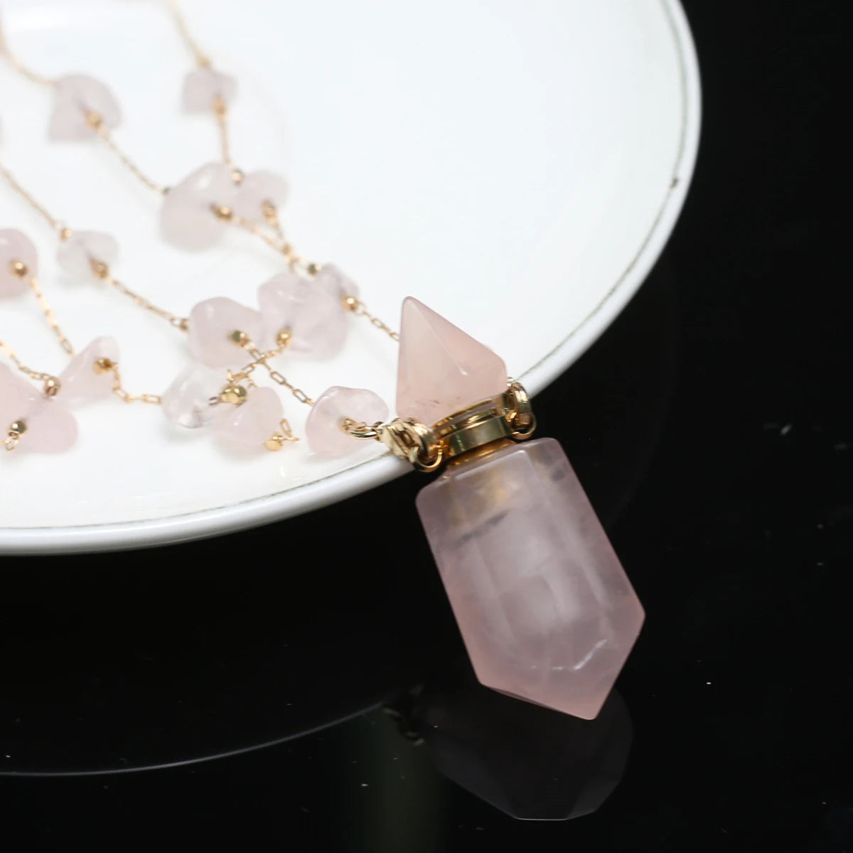 Natural Stone Rose Clear Quartz Perfume Bottle Pendant Pearl Gravel Chain Essential Oil Diffuser Charms Women Jewerly Necklace - AMULET RING STORE