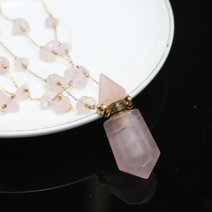 Natural Stone Rose Clear Quartz Perfume Bottle Pendant Pearl Gravel Chain Essential Oil Diffuser Charms Women Jewerly Necklace - AMULET RING STORE