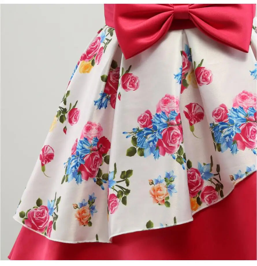 Summer Girls Rose Print Dress Princess Wedding Birthday Party Frocks Satin Children Vestidos Dresses For Girl Christmas Clothing