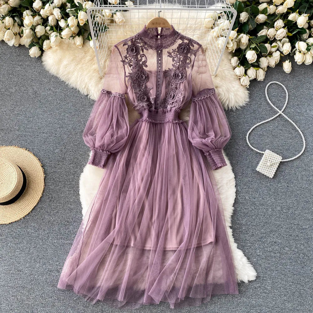 Ladies Dress Three-dimensional Flower Hook Mesh Temperament Stand Collar Lantern Sleeve High Waist Slim Female Dresses - AMULET RING STORE