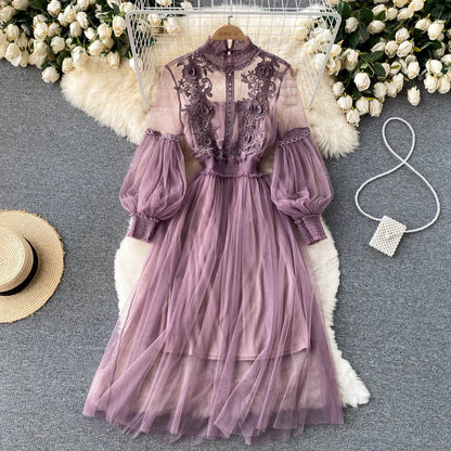 Ladies Dress Three-dimensional Flower Hook Mesh Temperament Stand Collar Lantern Sleeve High Waist Slim Female Dresses - AMULET RING STORE