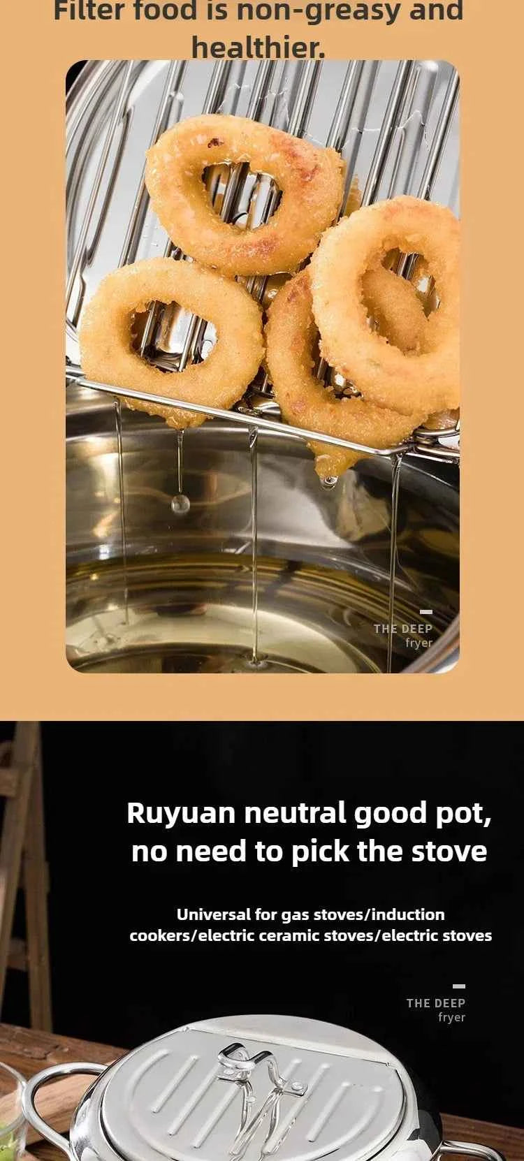 Multifunctional deep fryer with Thermometer and Oil Drip Drainer Rack Household Double Bottom Gas Induction Cooker Kitchen Tools