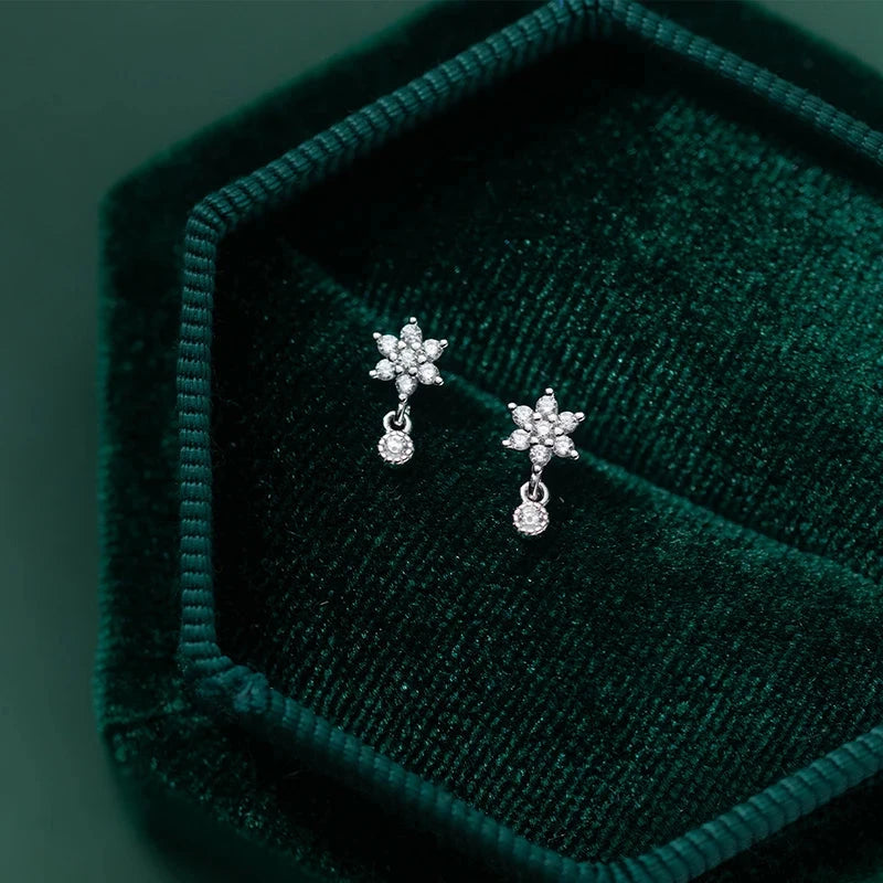 WANTME 925 Sterling Silver Fashion Sweet Flower Shiny Zircon Spiral Bead Stud Earrings for Women Cute Ear Bone Piercing Jewelry - AMULET RING STORE