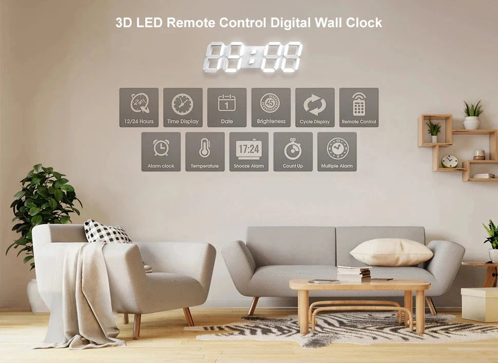3D LED Wall Clock Large Digital Wall Clock With Remote Control Alarm Clock Time/Date/Temp Display Wall&Table Clock Modern Design